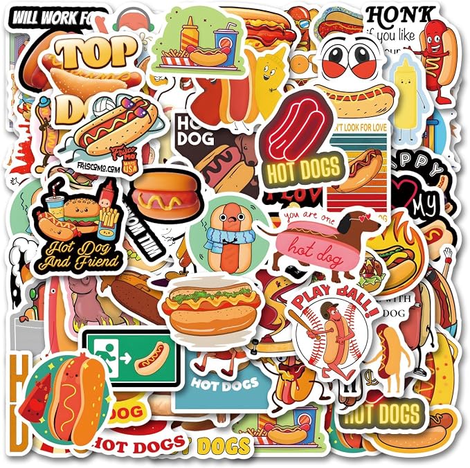 67Pcs Hot Dog Stickers,Delicious Food Party Favors Decorations,Vinyl Hot Dog Decals for Laptop Scrapbook Journal Skateboard GOG Party Favors (67pcs)