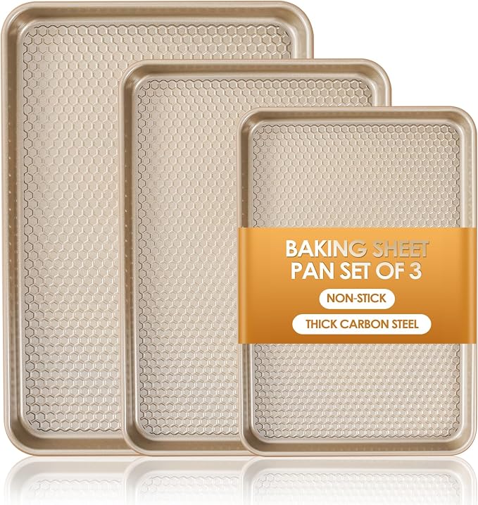 Baking Sheet Pan Set of 3, Nonstick Carbon Steel Cookie Sheets with Texture | Commercial Half/Quarter/Jelly Roll Pans Replacement Toaster Oven Tray, Heavy Duty & Easy Clean, Champagne Gold