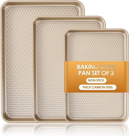 Baking Sheet Pan Set of 3, Nonstick Carbon Steel Cookie Sheets with Texture | Commercial Half/Quarter/Jelly Roll Pans Replacement Toaster Oven Tray, Heavy Duty & Easy Clean, Champagne Gold