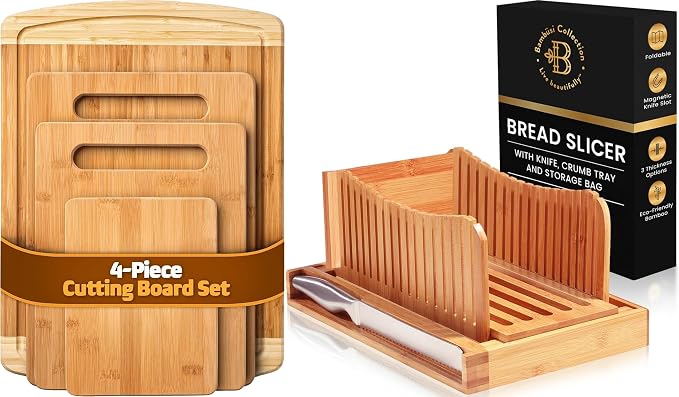 Bamboo Bread Slicer and Cutting Board Set Bundle