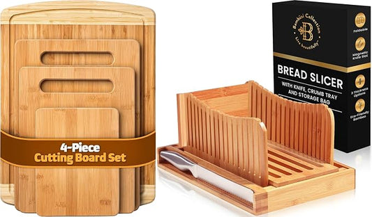 Bamboo Bread Slicer and Cutting Board Set Bundle