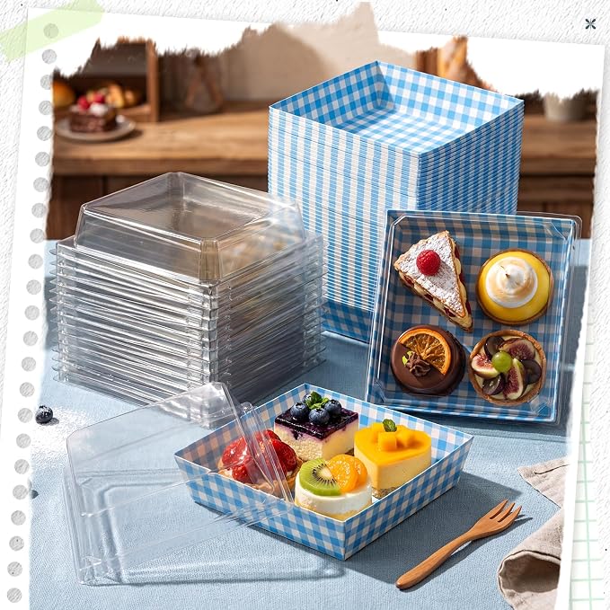 Potchen 50 Pack Blue & White Plaid Charcuterie Boxes with Clear Lids Boxes with Window for Cookies, Candy, and Mini Cakes – Ideal for Gift Giving & Bakery Packaging