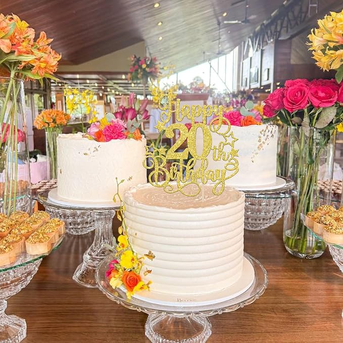 1 PCS Happy 20th Birthday Cake Topper Glitter Cheers to 20 Years Birthday Cake Pick Hello 20 Fabulous Cake Decoration for Happy 20th Birthday Anniversary Party Decorations Supplies Gold
