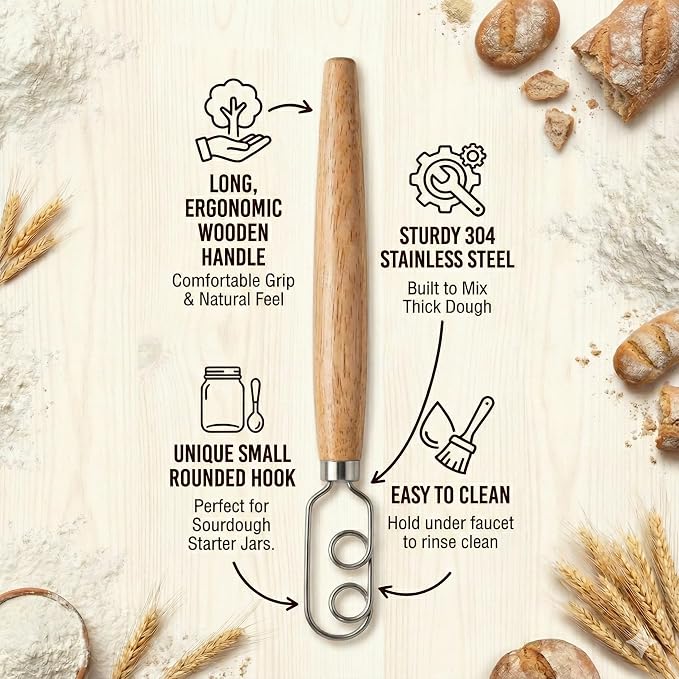 Sourdough Starter Stirring Hook and Danish Dough Whisk | Small Size to Fit in Jars | Improve the Mixing Standard Of Your Starter For Better Baking Results | New England Sourdough Starter Co.