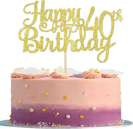 1 PCS Happy 40th Birthday Cake Topper Gold Glitter Cheers to 40 Years Birthday Cake Pick 40 Fabulous Cake Decoration for Happy 40th Birthday Anniversary Party Decorations Supplies