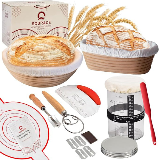 Sourdough Starter Kit with 10" Round & 9" Oval Banneton Proofing Basket and Starter Jar, Complete Sourdough Bread Baking Supplies and Baking Gifts for Women, Men, and Bread Bakers