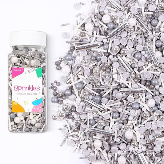 Silver Sprinkles for Cake Decorating, White Silver Sprinkles Mix for Cupcakes Toppers, Ice Cream, Cookie, 3.52oz