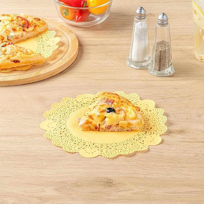 Pastry Tek 8 x 8 Inch Paper Lace Doilies, 100 Disposable Table Doilies - Elegant Lace Finish, Long Lasting, Orange Paper Doily, for Pastries, Cupcakes, Desserts - Restaurantware