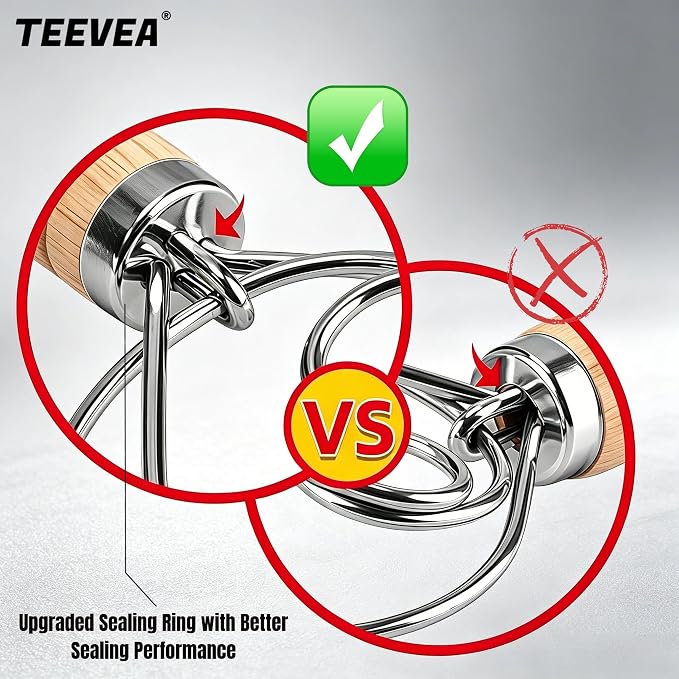 TEEVEA Danish Dough Whisk Stainless Steel Wooden Handle for Sourdough Bread | 4-Loop Anti-Clog Head Stops Lumps, Non-slip Grip Cuts Stirring Fatigue, Compact Build for Storage & Hand Wash Only