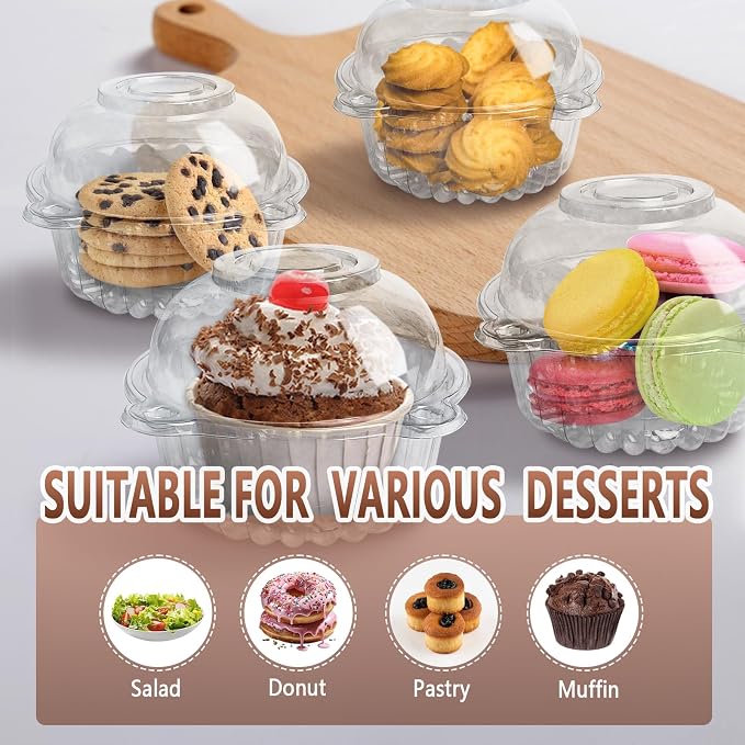 100 Pack Plastic Cupcake Containers with Dome Lids, Disposable Individual Clear Cupcake Boxes Holders Carrier, Single to Go Dessert Cake Packaging for Muffin Donuts Fruit Salad Wedding Party