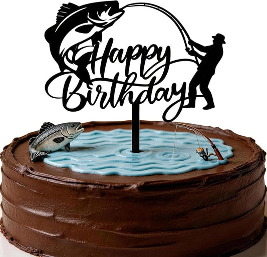 Fishing Happy Birthday Cake Topper, Large Mouth Bass & Fish Rod Silhouette Acrylic Cake Pick, Gone Fishing Themed Cake Decoration for Angler Dad Grandpa Fisherman Birthday Party Supplies