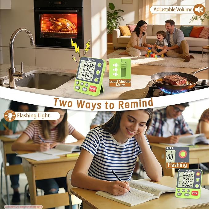 Digital Dual Triple Kitchen Timer, 3-Channel Magnetic Countdown Timer for Cooking, Large Display Stopwatch Multi Food Classroom Timer Loud Alarm for Seniors Teachers Battery Included (Green)