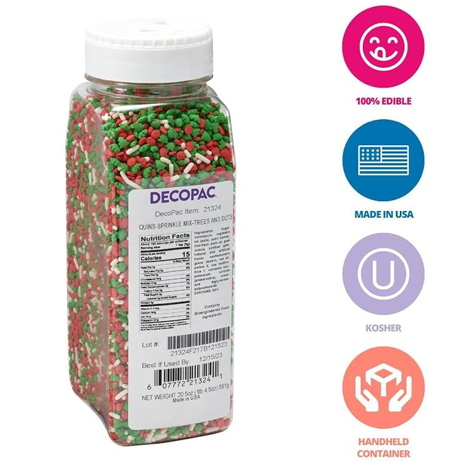 DECOPAC Christmas Trees & Holiday Dots Quins, 20.5oz, Fancy Sprinkles In Red, Green & White, Festive Edible Candy Sprinkles in Handheld Container For Celebration Cakes, Cupcakes, Cookies