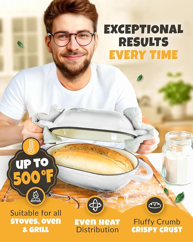 CRUSTLOVE Loaf Pan for Bread Baking - incl. Sourdough Bread-Baking Supplies like Banneton Bread-Proofing Basket - 2QT Enameled Oval Cast Iron Dutch Oven, Bread-Oven, Sour Dough Bread-Banking-Pan Tools