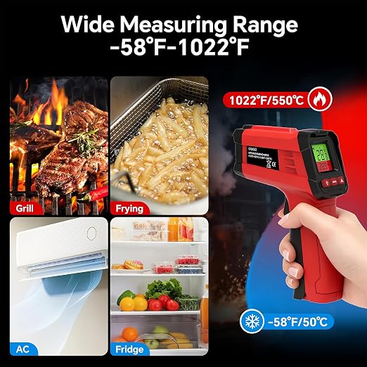 Infrared Thermometer Gun, Digital Laser Temperature Gun -58°F to 1022°F, Adjustable Emissivity, LCD Backlight, MAX/MIN Display, Non-Contact Thermometer for Pizza Oven, BBQ, HVAC, Griddle