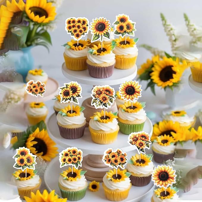 36 Pack Sunflower Cupcake Topper Double Sided Sunflower Cupcake Picks Decoration for Spring Summer Flower Theme Baby Shower Wedding Birthday Party Cake Decorations Supplies
