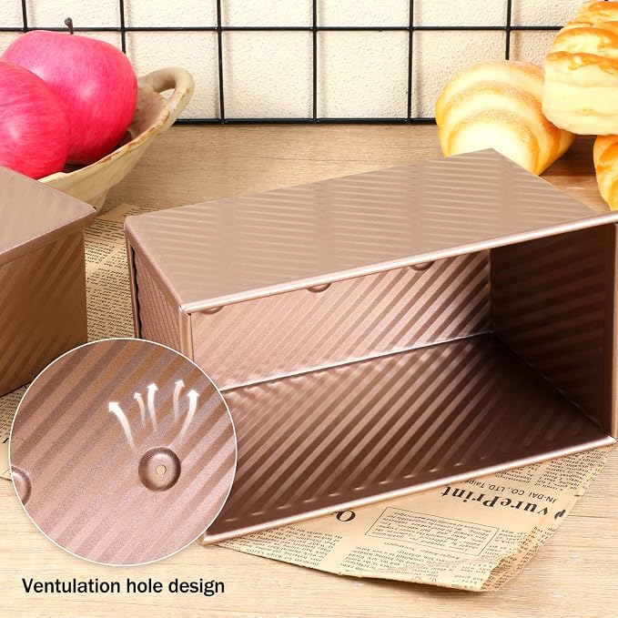 2 Pack Pullman Loaf Pan with Lid, Non-Stick Bread Pan for Sourdough | 2.2 lb & 1 lb Carbon Steel Corrugated Square Toast Tin, Carbon Steel Toast Box with Cover for Homemade Bread, Rose Gold