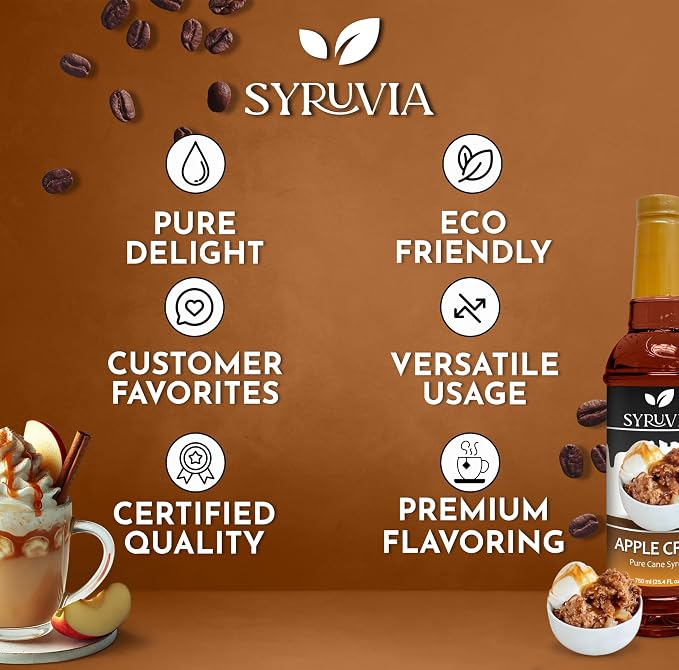Syruvia Coffee Syrup, Apple Crisp Flavored Syrup for Drinks, Lattes, and Desserts – 25.4 fl oz - with Pump