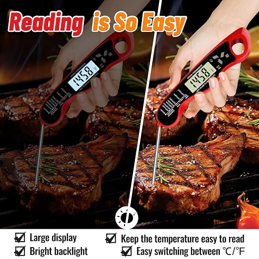 Meat Thermometer, IP67 Waterproof Digital Meat Thermometer with Backlight, Hold Function & Magnet for Grill, BBQ, Candy, Beef,Turkey
