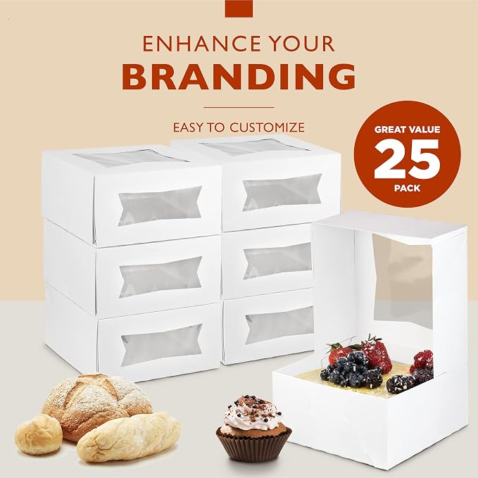 Fit Meal Prep 25 Pack Cake Boxes with Window 8 x 8 x 4 Inches Auto Pop-Up White Bakery Containers for Dessert, Cookies and Pastries, Treat Boxes Gift Packaging Boxes for Valentine's Day, Christmas