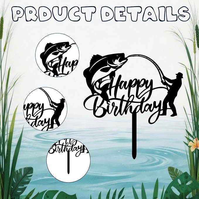 Fishing Happy Birthday Cake Topper, Large Mouth Bass & Fish Rod Silhouette Acrylic Cake Pick, Gone Fishing Themed Cake Decoration for Angler Dad Grandpa Fisherman Birthday Party Supplies