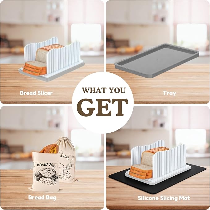 Bread Slicer for Homemade Bread, Adjustable Width Bread Loaf Slicer with Crumb Tray, Bread Bag & Silicone Mat, Foldable Bread Cutter for Even Slices for Loafs, Sandwiches, Bagels & Cakes