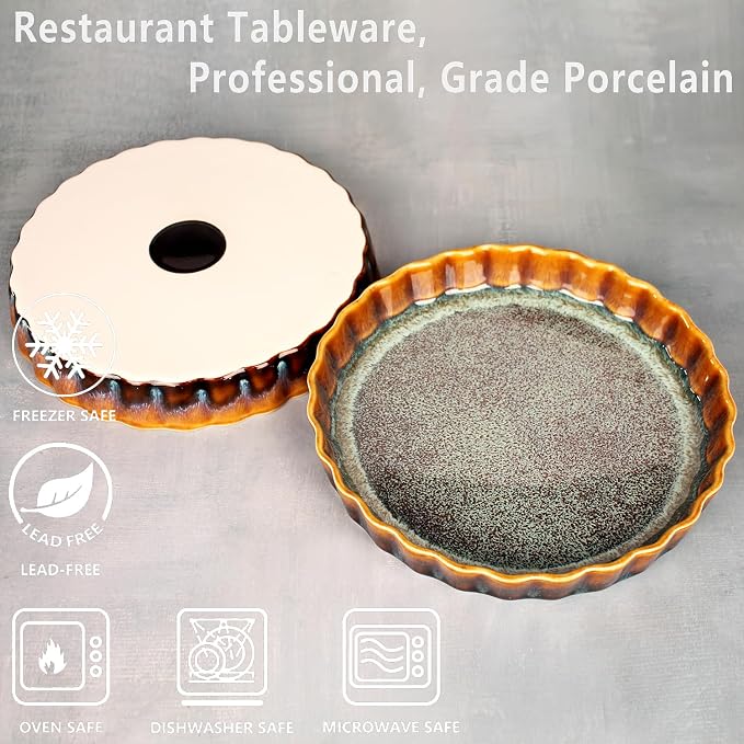 Large Quiche Tart Pans Pan Set of 2, 13.5 oz Ceramic Au gratin pans, Fluted Ruffled Edge for Quiche Baking Dish/Pie Pan, Microwave Freezer Dishwasher Oven safe, Great Gift for Bakers