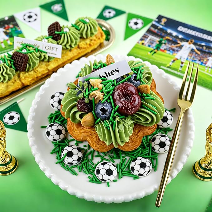 Edible Soccer Sprinkles for Cake Decorating - Green Jimmies and 10Pcs Soccer Ball Candy Mix, World Cup Celebration, Sports Themed Birthday Party Decorations for Baking, Cookies, Cupcake Toppers