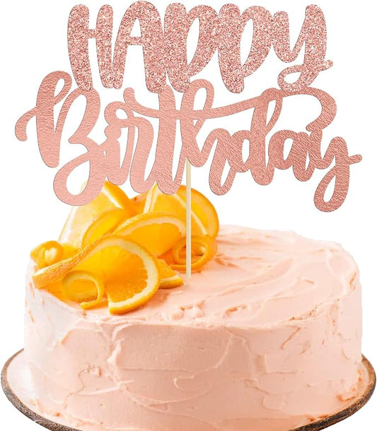 Gyufise 1Pcs Happy Birthday Cake Topper Glitter Cake Pick for Celebrating Anniversary Theme Party Cake Decorations Supplies Rose Gold