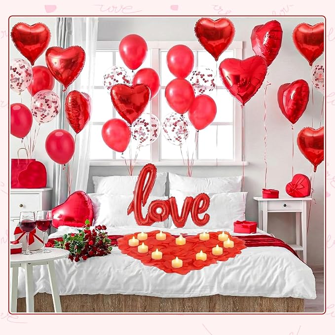 Red Valentines Day Decorations with Red Heart Balloons and Love Balloon, 12 Romantic Candles with 1000 Fake Rose Petals for Special Night, Wedding Anniversary Engagement Romantic Decorations