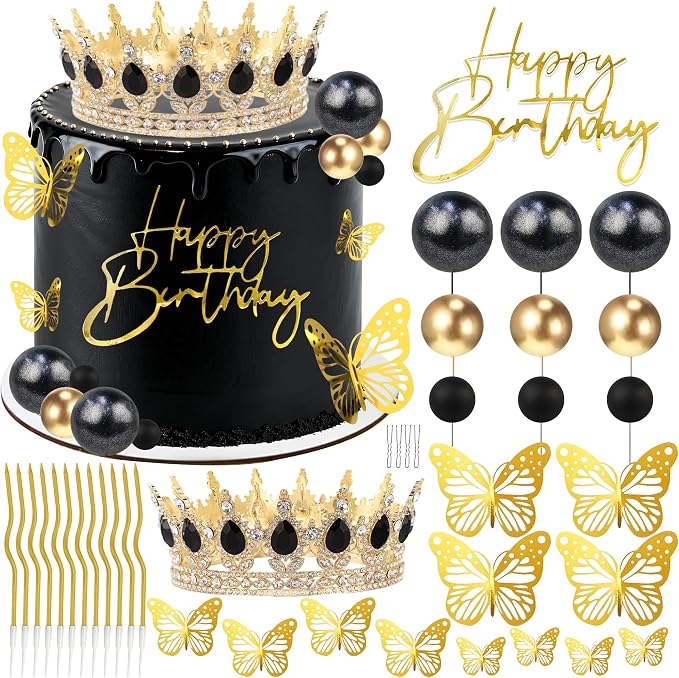 Crown Cake Topper, Black & Gold Crown Balls Happy Birthday Cake Toppers Birthday Candles Butterfly, Corona Para Pastel, Crown Cake Decorations for Women Queen Princess Men (Gold, Black)