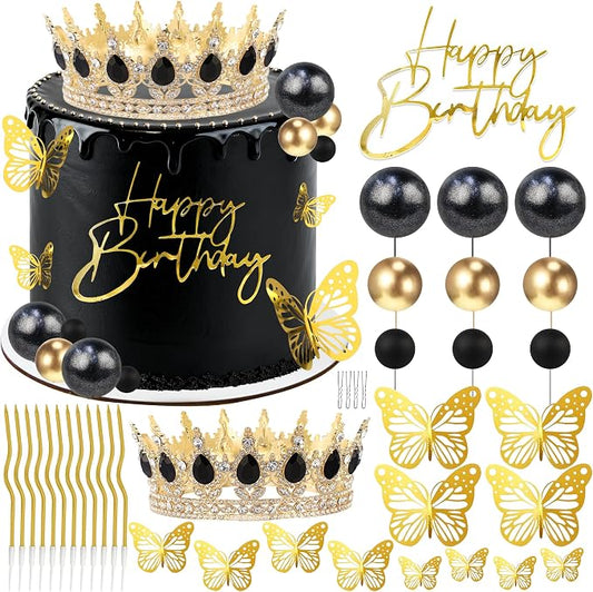Crown Cake Topper, Black & Gold Crown Balls Happy Birthday Cake Toppers Birthday Candles Butterfly, Corona Para Pastel, Crown Cake Decorations for Women Queen Princess Men (Gold, Black)