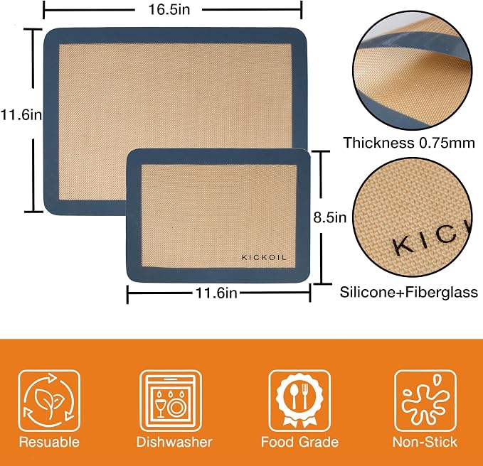 Silicone Baking Mat Large 3 Pack, 2 Half Sheets+1 Small Quarter Sheet,Reusable Non Stick Food Safe Baking Supplies Oven Liners Bakeware Mats for Cookies,Macarons,Bread, Pastry, Vegetables