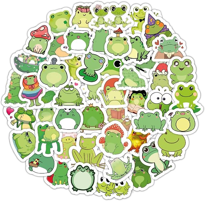 BulbaCraft Kawaii Frogs Stickers Set, 50 Pcs Green & White Vinyl Decals for Kids, Waterproof, Scratch Resistant, Indoor Usage, Single Use, Water Bottle, Laptop, Scrapbook, Journal, Frog Theme