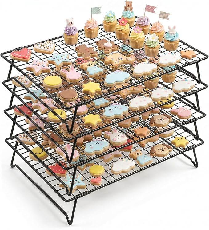 Kifmurase 4PCS Stackable Cooling Rack for Baking, 13.3 x 9.3 Inch Carbon Steel Wire Rack with Folding Legs for Cookie Cake Pizza Jerky, Multi-Use Bread Oven Racks for Cooking Roasting Drying Grilling