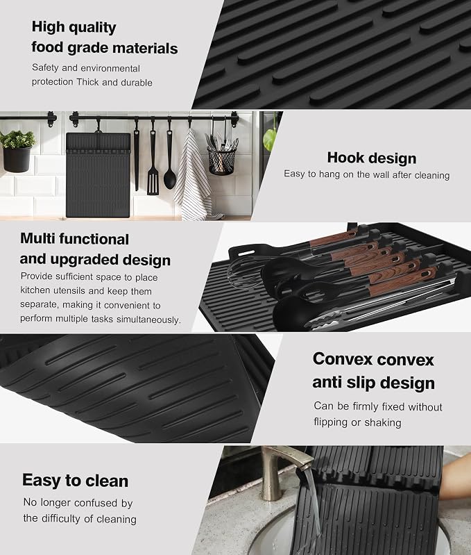 Silicone Griddle Tools Mat for Blackstone - Large Silicone Spatula Mat with Drip Pad - Griddle Mats BBQ Grill Accessories - Blackstone Griddles Accessories, Gifts for Men(Black)