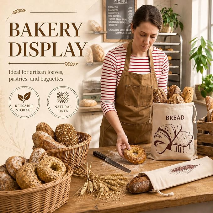 20 Pcs Linen Bread Bags for Homemade Sourdough, 15.8 x 11.8 Inch 25.6 x 5.9 Inch Reusable Bread Storage Pouches with Drawstring, Unbleached Cloth Sack for Artisan Loaf, Bakery Kitchen Gif