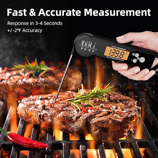 Meat Thermometer Waterproof Food Thermometer with Backlight and Calibration for Kitchen, Outdoor Grilling and BBQ (Black)