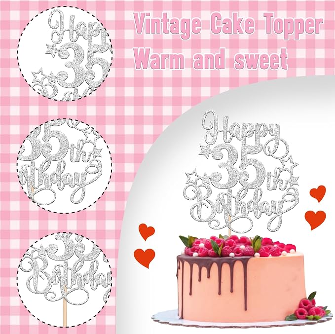 1 PCS Happy 35th Birthday Cake Topper Glitter Cheers to 35 Years Birthday Cake Pick Hello 35 Fabulous Cake Decoration for Happy 35th Birthday Anniversary Party Decorations Supplies silver