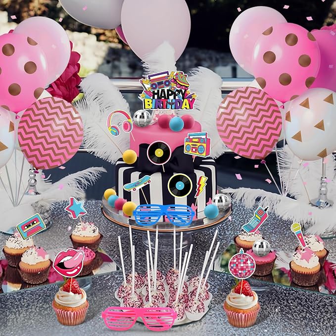 80s Cake Decorations 27PCS 90s Cake Topper Retro Hip Hop Cakes Decorations 1980s Disco Ball Cakes Toppers for 80s 90s Party Decorations