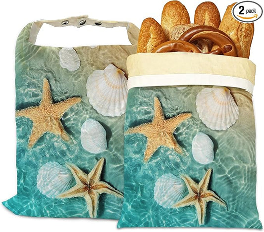 Bread Bags for Homemade Bread- Starfish Shells Beach 2 Pack Linen and Beeswax Sourdough Storage Bags, Reusable Keeper, Keeps Breads Fresh Longer, Gifts for Bakers