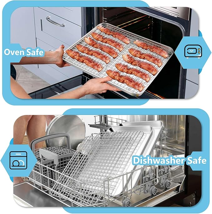 TeamFar Cookie Sheets with Cooling Racks, 17.6 x 13 x 1 Inch Stainless Steel Baking Pan with Grid Rack for Baking Roasting, Non-Toxic & Heavy Duty, Dishwasher Safe, 2 Pans with 2 Racks