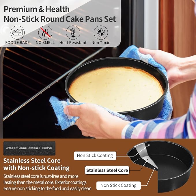 P&P CHEF Non-stick Cake Pan Set of 2, 7 Inch Round Baking Cake Pans Tins for Tier Smash Cakes, Non-Toxic & Solid, Stainless Steel Core & Leak-Proof, 2Pcs