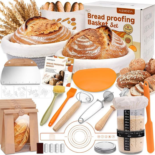 Complete Sourdough Starter Kit With Woven Proofing Basket, Sour dough Starter jar, Sourdough Bread Baking Supplies, Bread Making Kit,Perfect for Beginners & Gift