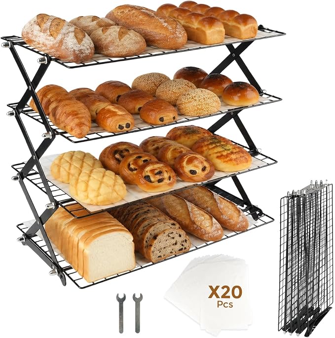 4 Tier Collapsible Cooling Rack, 3 Setting Design - Adjustable Stackable Cooling Racks for Cooking and Baking, Non-Stick Wire Rack with 20pcs Parchment Paper for Baking Cookies, Cakes, Bread, Pizza