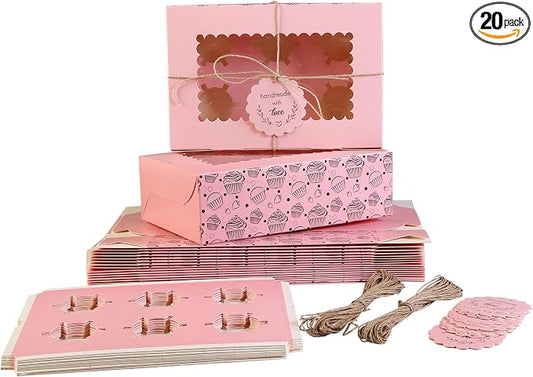 Cupcake Boxes with Insert trays (Pack of 20), Pink Cupcake Carrier, Food Grade Bakery Boxes with Windows and Inserts to Fit 6 Cupcakes Muffins or Pastries