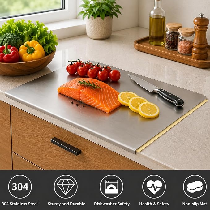 Large Stainless Steel Cutting Board with Lip for Kitchen, Chopping Boards with Yellow Non-slip Mat, Cutting Board with Counter Lip for Meat, Fruits, Vegetables, Bread,Dough(15.7" × 11.8")