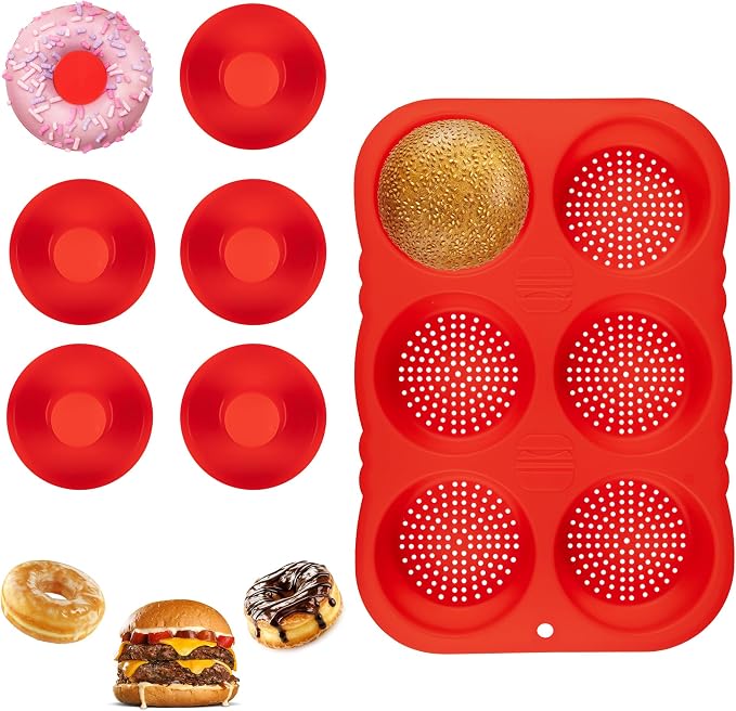 Silicone Hamburger Bun Mold and Bagel Pan, 6 Donut Inserts, 4 Inch | Hamburger Bun and Bagel Mold, Food-Grade Platinum Silicone, Non-Stick, Dishwasher Safe, 6PCS Donut Inserts Included