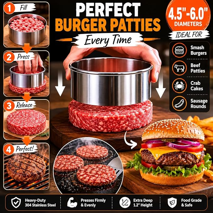 Doczen Large Cookie Cutter Set, 6-Piece Stainless Steel Biscuit Cutters, Heavy Duty Metal Ring for Burger Press & Meat Shaping, Tortilla Crust & Clay Pottery Cutting Tool