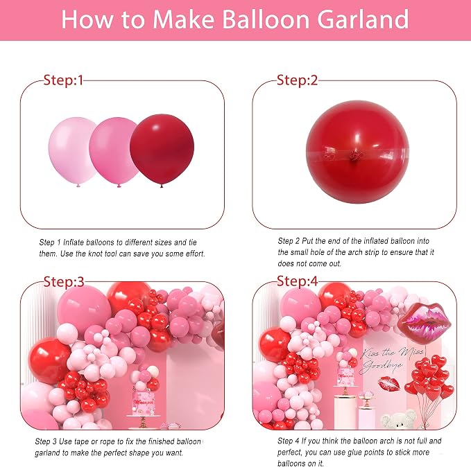 Valentines Day Balloon Garland Arch Kit Macaron Pink Retro Pink Red Balloons Heart Lip Balloons for Valentines's Day Bridal Shower Baby Shower Bachelorette Anniversary Party Decoration Supplies